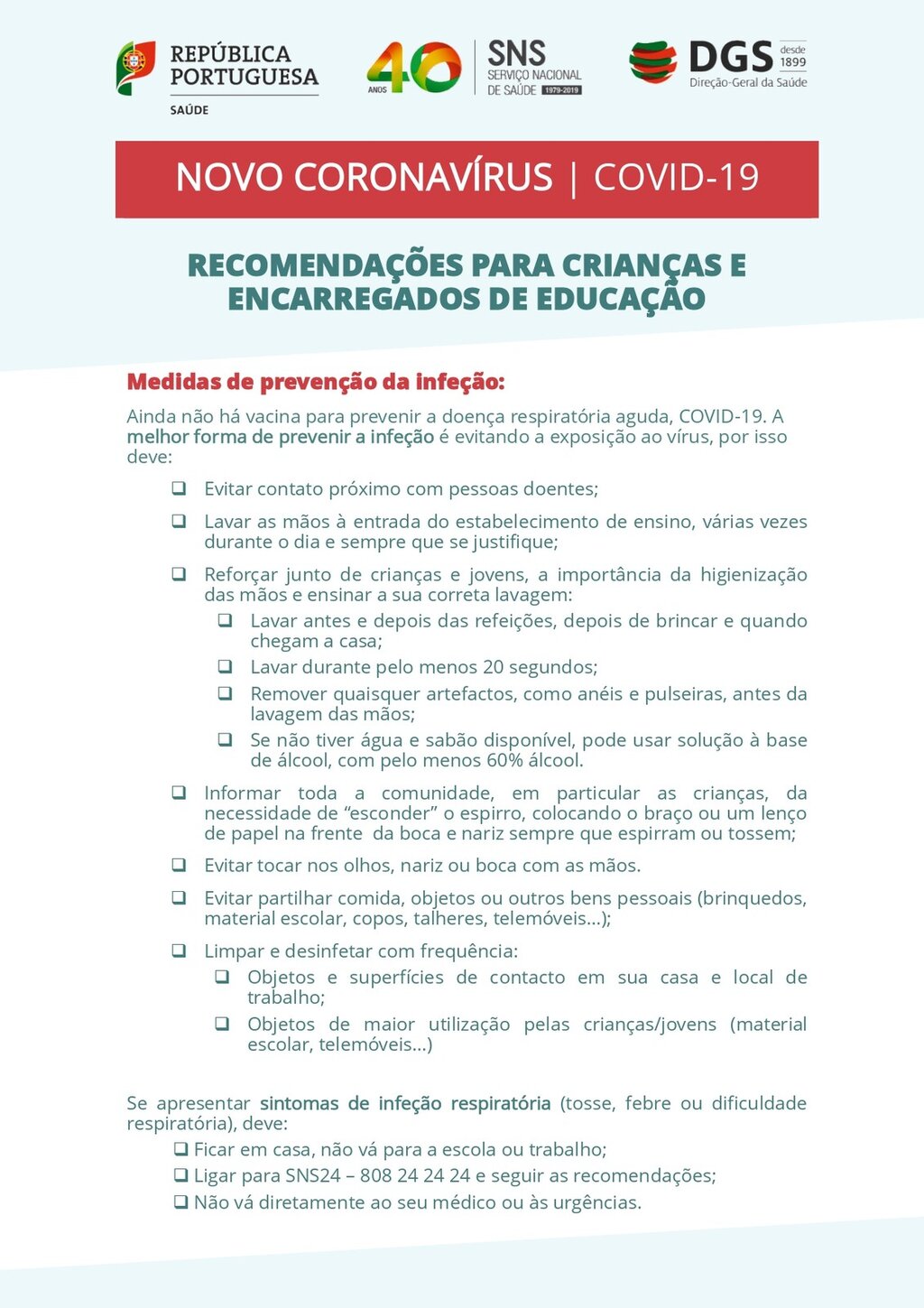 Regresso às aulas – recomendações da Direção-Geral Da Saúde