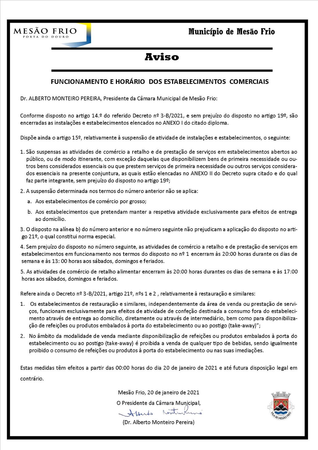 AVISO | Funcionamento e horário dos estabelecimentos comerciais - 20/01/2021