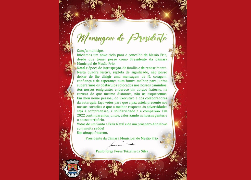 Mensagem de Boas Festas do Presidente da Câmara Municipal de Mesão Frio, Paulo Silva