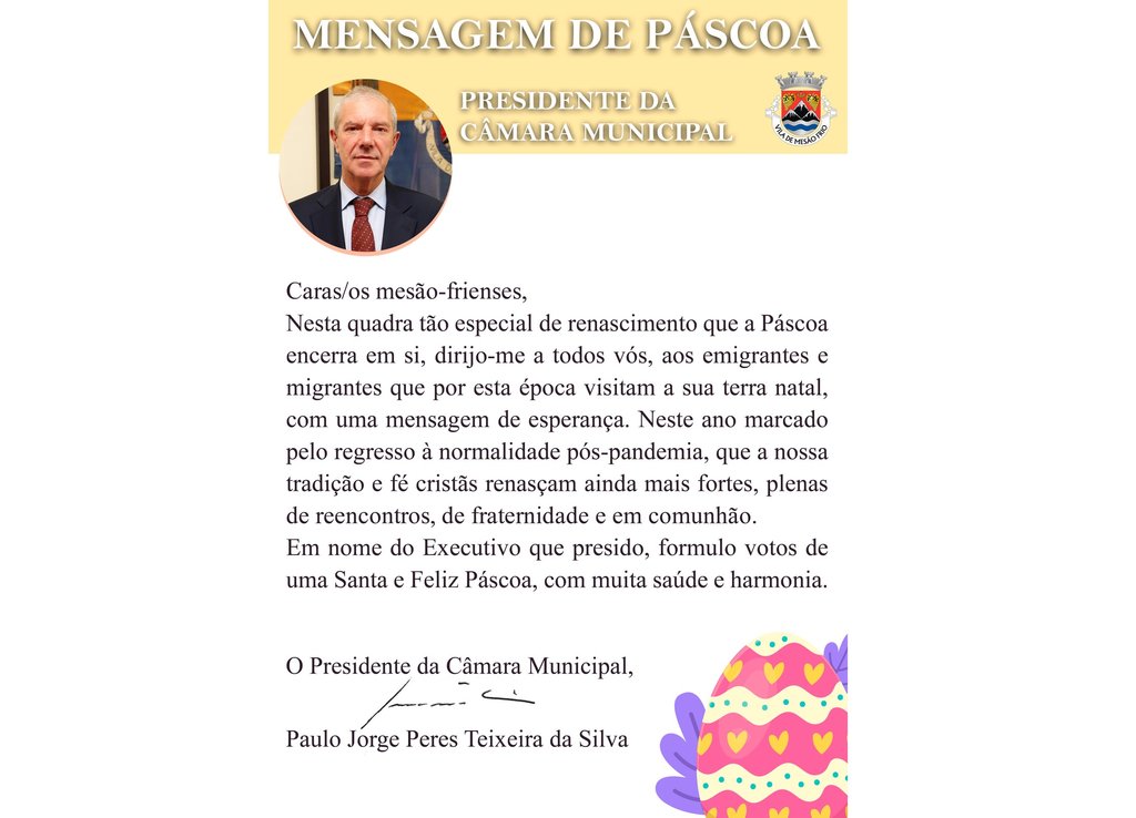 Mensagem de Páscoa | Presidente da Câmara Municipal de Mesão Frio