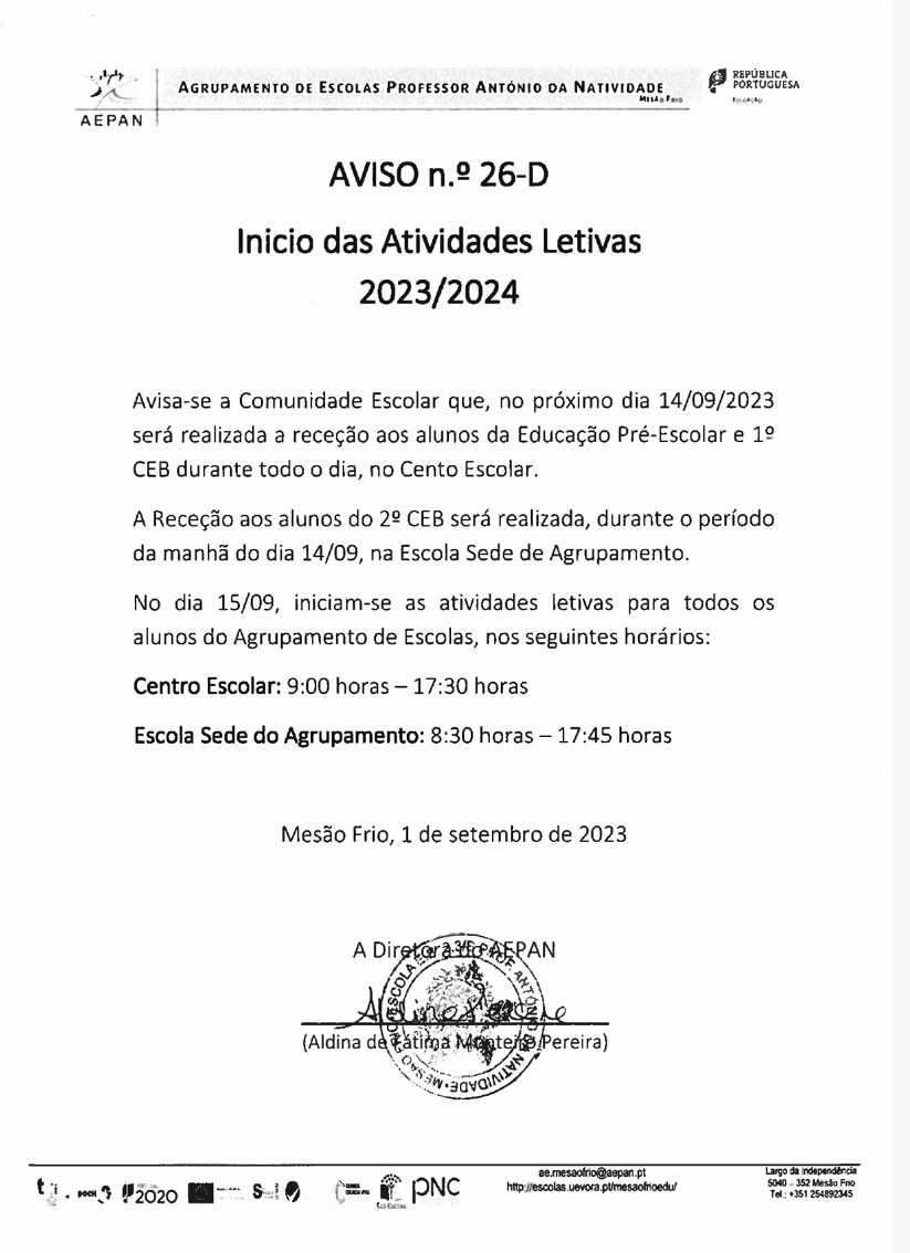 AVISO - Início das Atividades Letivas 2023/2024