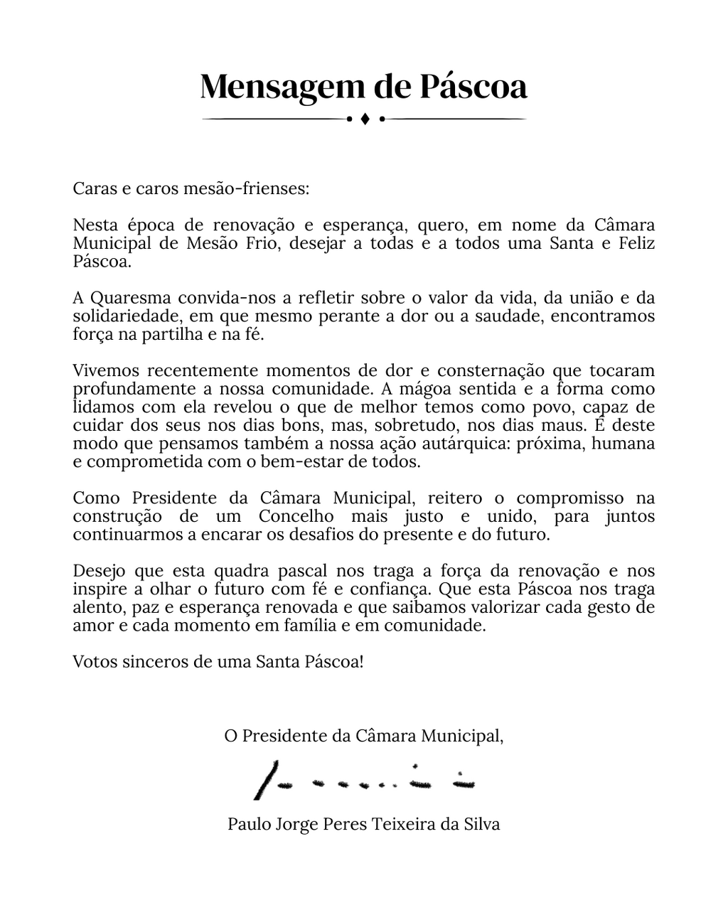 Mensagem de Páscoa | Presidente da Câmara Municipal de Mesão Frio