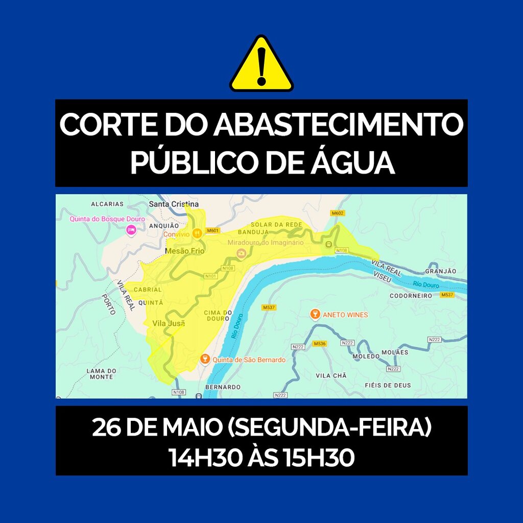 Aviso - Corte de abastecimento de água | 26 de maio