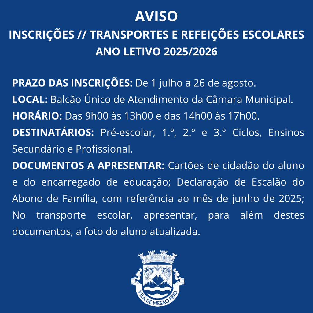 AVISO | INSCRIÇÕES NOS TRANSPORTES E REFEIÇÕES ESCOLARES