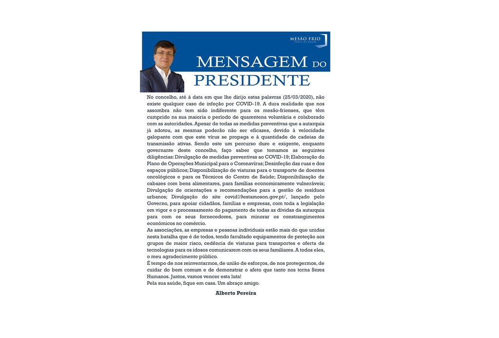 COVID-19: Ponto de Situação no Concelho de Mesão Frio | Mensagem do Presidente da Câmara Municipal
