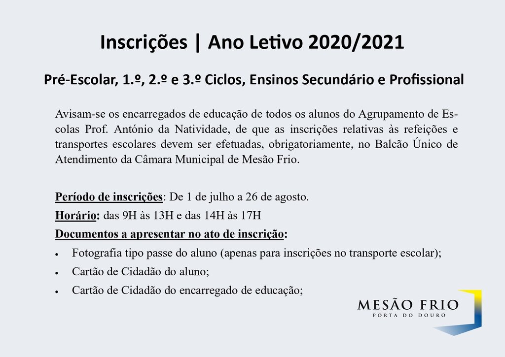 Inscrições | Ano Letivo 2020/2021